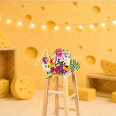 Aperturee - Aperturee Yellow Cheese Hole Photography Backdrop with Fairy Lights and Wooden Props for Birthday Party Decor