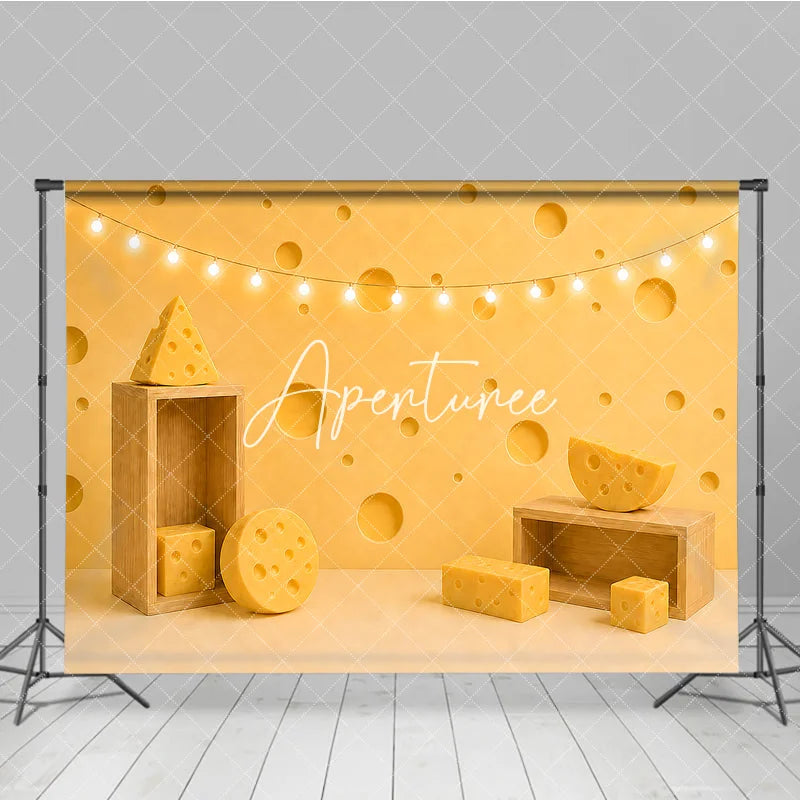 Aperturee - Aperturee Yellow Cheese Hole Photography Backdrop with Fairy Lights and Wooden Props for Birthday Party Decor