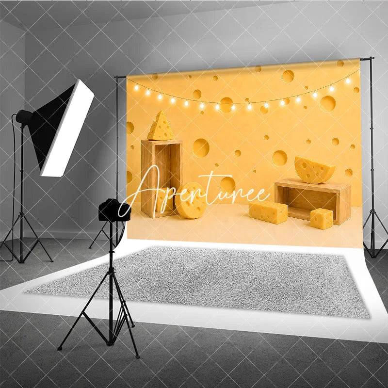 Aperturee - Aperturee Yellow Cheese Hole Photography Backdrop with Fairy Lights and Wooden Props for Birthday Party Decor