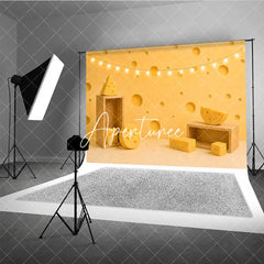Aperturee - Aperturee Yellow Cheese Hole Photography Backdrop with Fairy Lights and Wooden Props for Birthday Party Decor