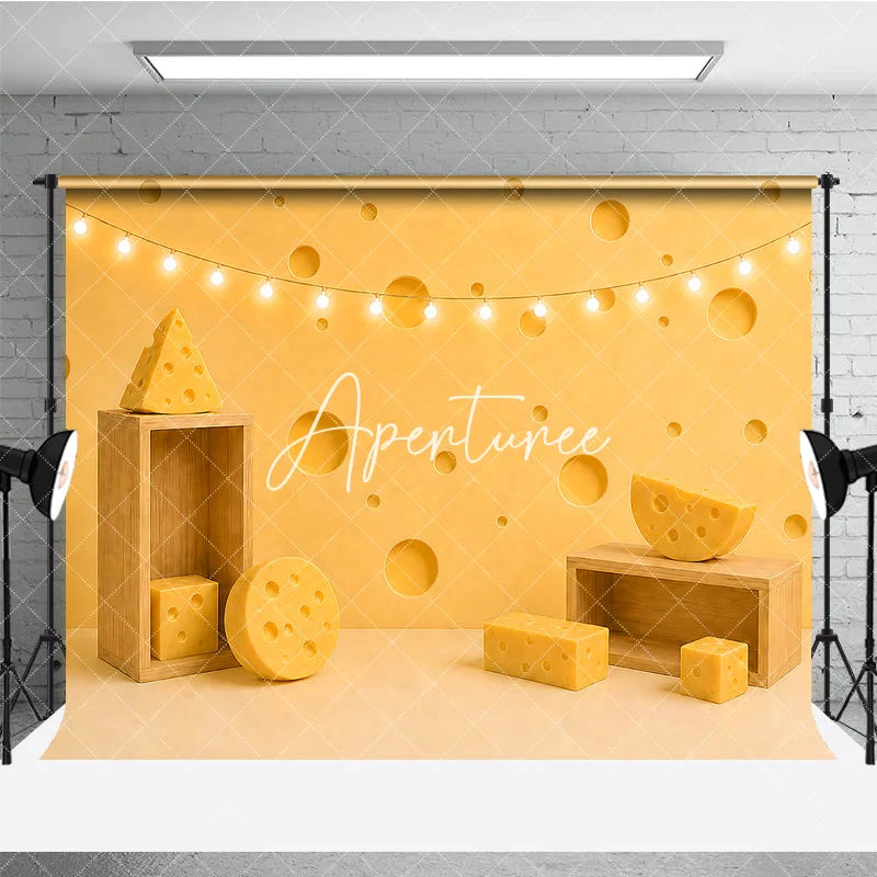 Aperturee - Aperturee Yellow Cheese Hole Photography Backdrop with Fairy Lights and Wooden Props for Birthday Party Decor