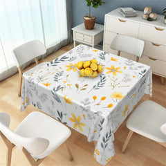 Aperturee - Aperturee Yellow Daisy and Autumn Leaves Rectangle Tablecloth White Floral Pattern Table Cover for Kitchen