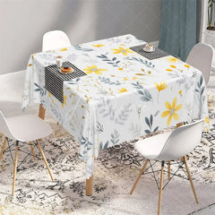 Aperturee - Aperturee Yellow Daisy and Autumn Leaves Rectangle Tablecloth White Floral Pattern Table Cover for Kitchen
