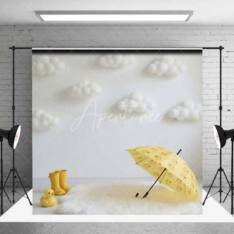 Aperturee - Aperturee Yellow Duck Cake Smash Backdrop White Fluffy Clouds Umbrella Photography Background Baby Shower Photo Prop