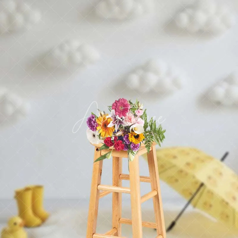 Aperturee - Aperturee Yellow Duck Cake Smash Backdrop White Fluffy Clouds Umbrella Photography Background Baby Shower Photo Prop