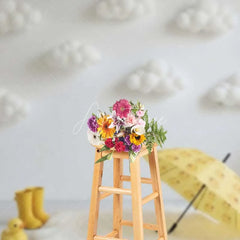 Aperturee - Aperturee Yellow Duck Cake Smash Backdrop White Fluffy Clouds Umbrella Photography Background Baby Shower Photo Prop