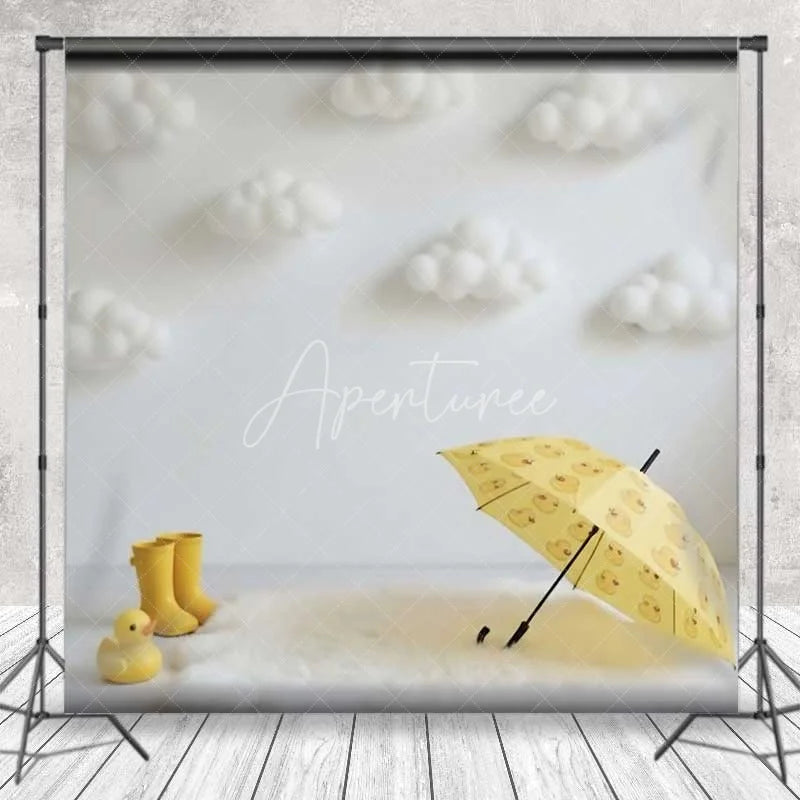 Aperturee - Aperturee Yellow Duck Cake Smash Backdrop White Fluffy Clouds Umbrella Photography Background Baby Shower Photo Prop