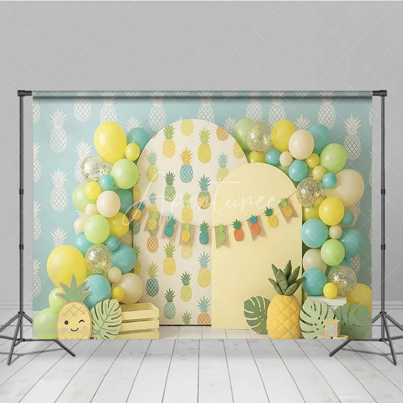 Aperturee - Aperturee Yellow Green Blue Pineapple Pattern Photography Backdrop Tropical Summer Party Decor with Balloons