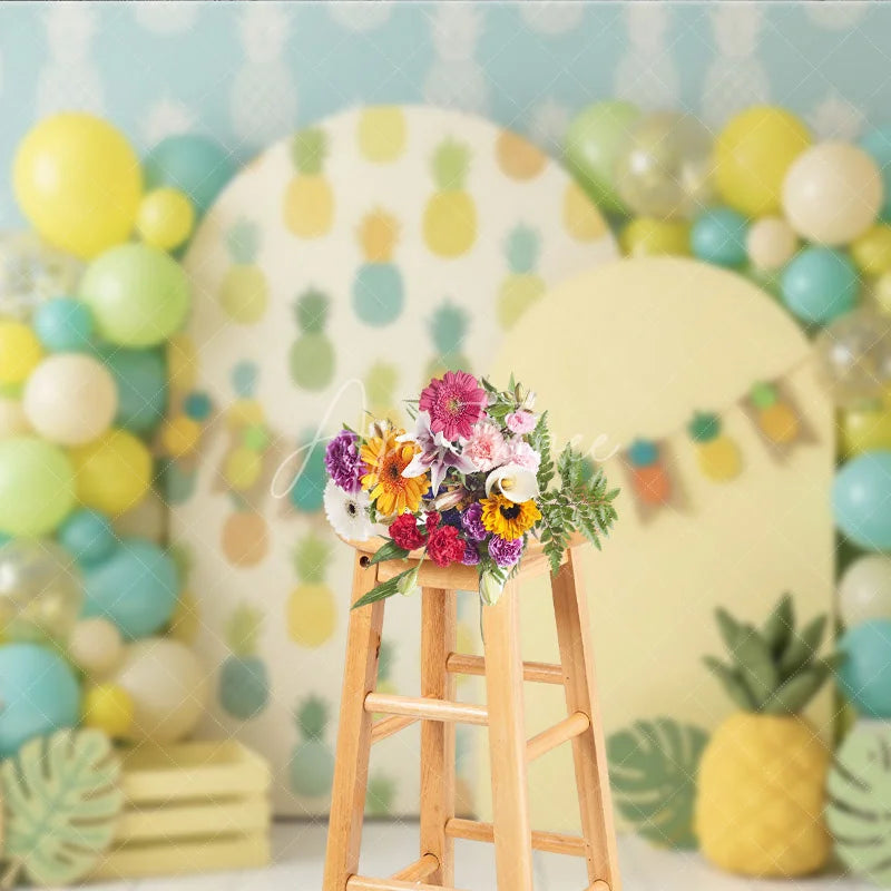 Aperturee - Aperturee Yellow Green Blue Pineapple Pattern Photography Backdrop Tropical Summer Party Decor with Balloons
