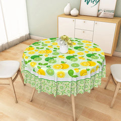 Aperturee - Aperturee Yellow Lemon and Green Lime Pattern Round Tablecloth Fresh Citrus Fruit Kitchen Decor