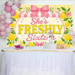 Aperturee - Aperturee Yellow Lemon Freshly Sixteen Birthday Backdrop with Pink Bows and Striped Awning Sweet 16 Party Decor