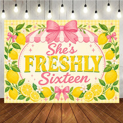 Aperturee - Aperturee Yellow Lemon Freshly Sixteen Birthday Backdrop with Pink Bows and Striped Awning Sweet 16 Party Decor