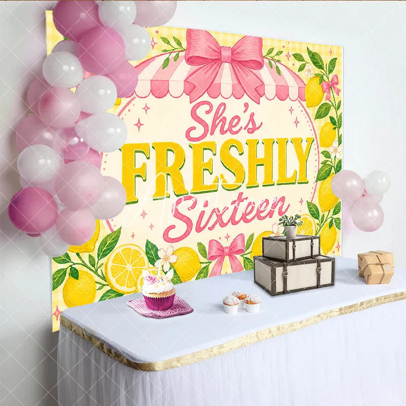 Aperturee - Aperturee Yellow Lemon Freshly Sixteen Birthday Backdrop with Pink Bows and Striped Awning Sweet 16 Party Decor