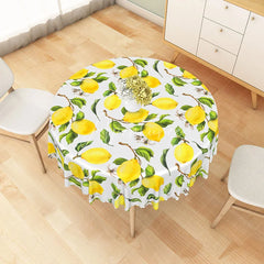 Aperturee - Aperturee Yellow Lemon Round Tablecloth Fresh Fruit and Green Leaves Summer Kitchen Dining Decor