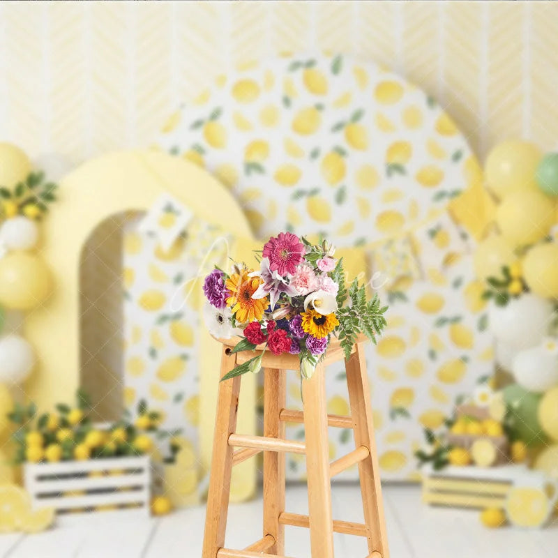 Aperturee - Aperturee Yellow Lemon Theme Photography Backdrop with Arch Props and Balloon Garland for Baby Shower or Birthday