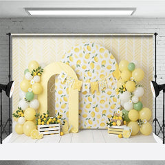 Aperturee - Aperturee Yellow Lemon Theme Photography Backdrop with Arch Props and Balloon Garland for Baby Shower or Birthday