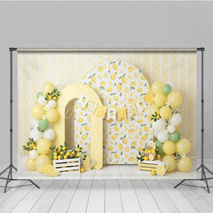 Aperturee - Aperturee Yellow Lemon Theme Photography Backdrop with Arch Props and Balloon Garland for Baby Shower or Birthday