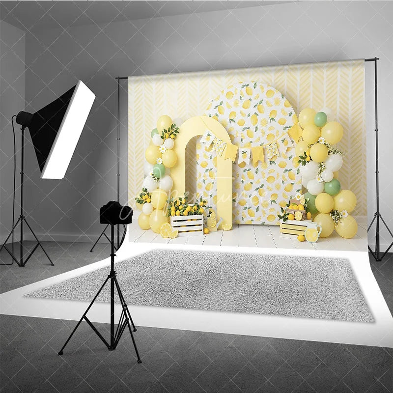 Aperturee - Aperturee Yellow Lemon Theme Photography Backdrop with Arch Props and Balloon Garland for Baby Shower or Birthday