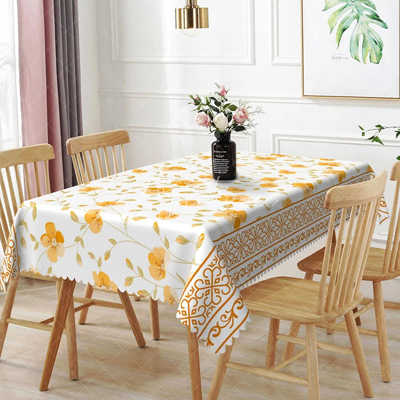 Aperturee - Aperturee Yellow Orange Poppy Floral Rectangle Tablecloth Bright Spring Flower White Background Garden Party Dining Table Cover