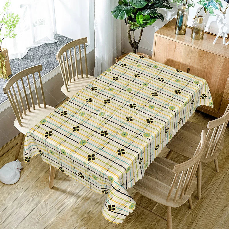 Aperturee - Aperturee Yellow Plaid Floral Rectangle Tablecloth Green Checkered Flower Pattern Cover Country Picnic Dining Decor