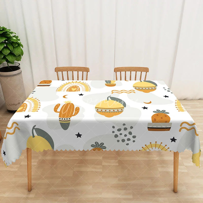 Aperturee - Aperturee Yellow Prickly Pear Cactus Tablecloth on White for Southwest and Desert Themed Kitchen Decor