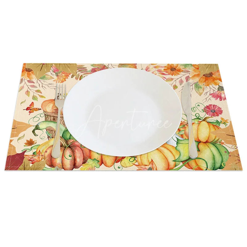 Aperturee - Aperturee Yellow Pumpkin with Butterfly and Floral Set of 4 Placemats for Fall Autumn and Thanksgiving Decor