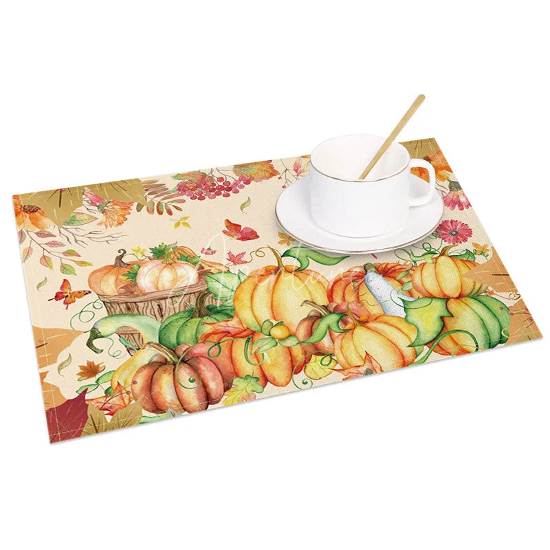 Aperturee - Aperturee Yellow Pumpkin with Butterfly and Floral Set of 4 Placemats for Fall Autumn and Thanksgiving Decor