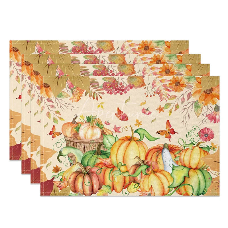 Aperturee - Aperturee Yellow Pumpkin with Butterfly and Floral Set of 4 Placemats for Fall Autumn and Thanksgiving Decor