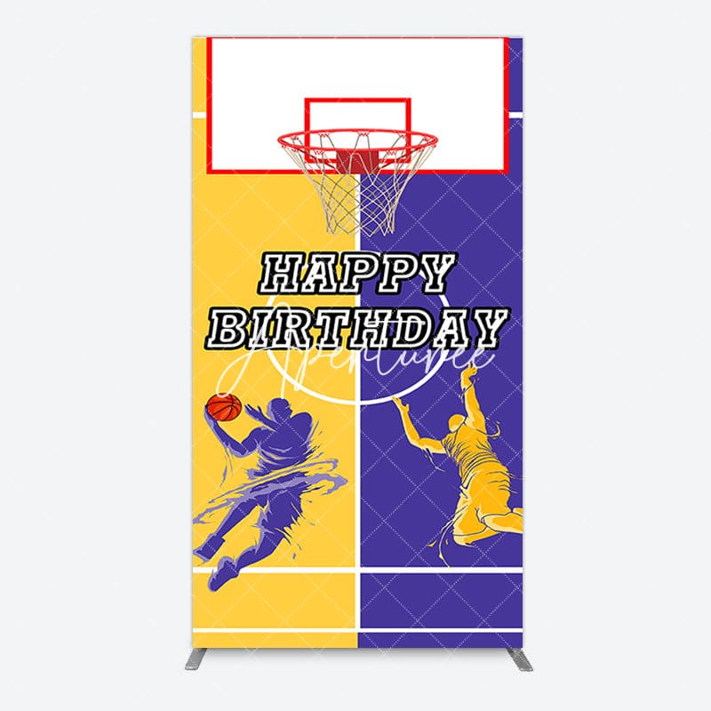 Aperturee - Aperturee Yellow Purple Basketball Field Birthday Rectangle Backdrop