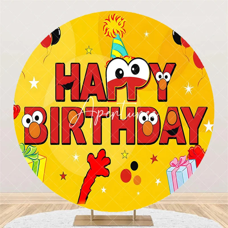 Aperturee - Aperturee Yellow Round Birthday Backdrop with Red Cartoon Monster Character Eyes Happy Birthday Party Photo Banner