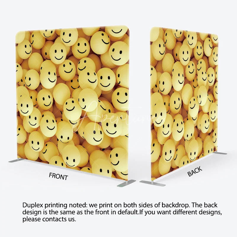 Aperturee - Aperturee Yellow Smile Face Tension Fabric Backdrop 3D Happy Emoticon Decor Fun Cute Theme Background for Kids Birthday Party