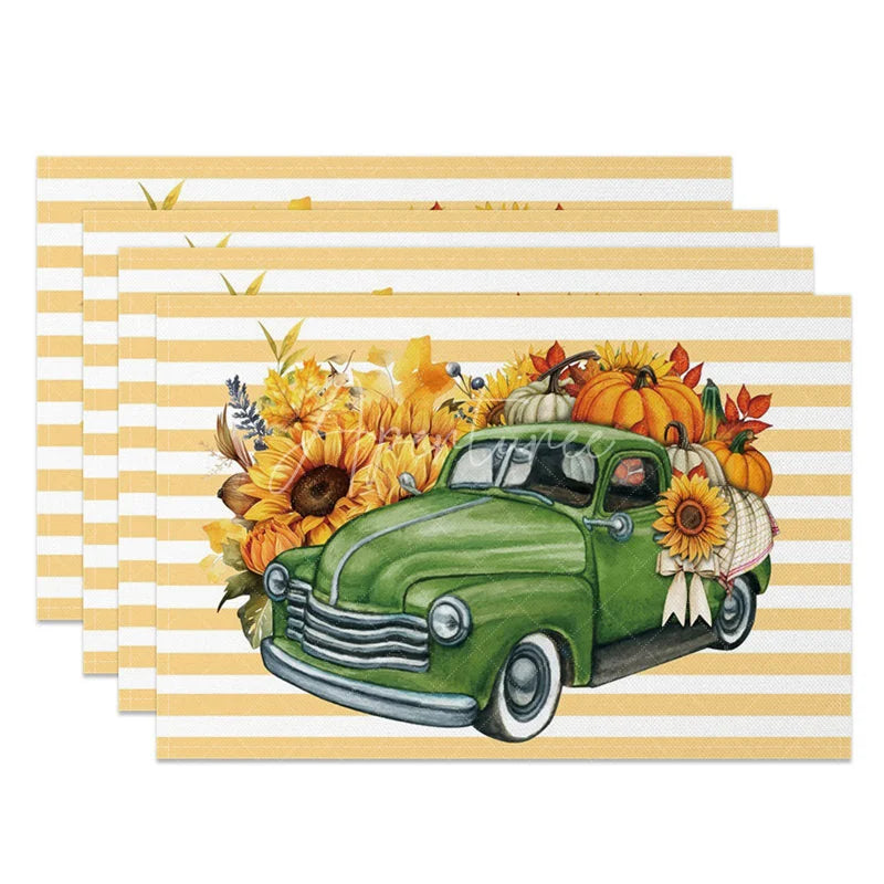 Aperturee - Aperturee Yellow Stripe Truck with Pumpkins Set of 4 Placemats for Fall Farmhouse and Autumn Harvest Decor