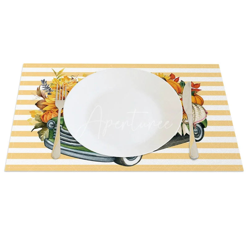 Aperturee - Aperturee Yellow Stripe Truck with Pumpkins Set of 4 Placemats for Fall Farmhouse and Autumn Harvest Decor