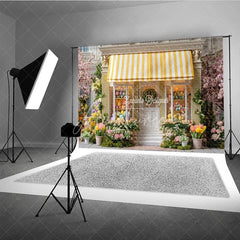 Aperturee - Aperturee Yellow Striped Awning Egg Shop Easter Photography Backdrop Spring Flowers Wreath Studio Background