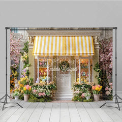 Aperturee - Aperturee Yellow Striped Awning Egg Shop Easter Photography Backdrop Spring Flowers Wreath Studio Background