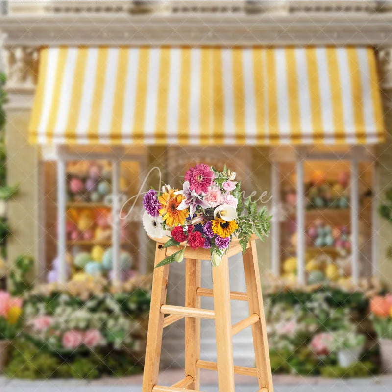 Aperturee - Aperturee Yellow Striped Awning Egg Shop Easter Photography Backdrop Spring Flowers Wreath Studio Background
