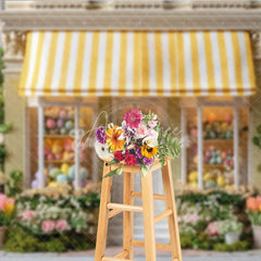 Aperturee - Aperturee Yellow Striped Awning Egg Shop Easter Photography Backdrop Spring Flowers Wreath Studio Background