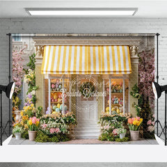 Aperturee - Aperturee Yellow Striped Awning Egg Shop Easter Photography Backdrop Spring Flowers Wreath Studio Background
