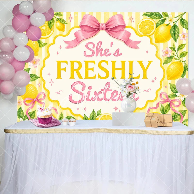 Aperturee - Aperturee Yellow Striped Lemon Freshly Sixteen Birthday Backdrop featuring Pink Bows and Flowers Sweet Sixteen Party Decor