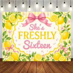 Aperturee - Aperturee Yellow Striped Lemon Freshly Sixteen Birthday Backdrop featuring Pink Bows and Flowers Sweet Sixteen Party Decor