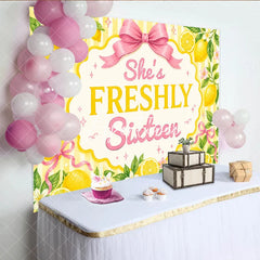 Aperturee - Aperturee Yellow Striped Lemon Freshly Sixteen Birthday Backdrop featuring Pink Bows and Flowers Sweet Sixteen Party Decor