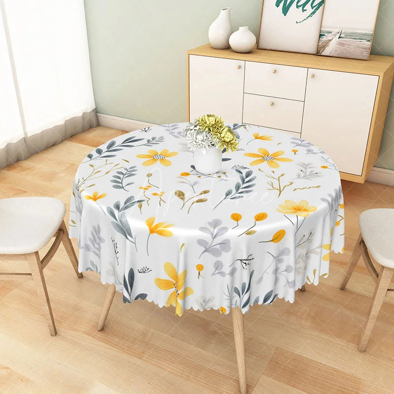 Aperturee - Aperturee Yellow Sunflowers and Grey Leaves Round Tablecloth Modern Floral Kitchen Dining Decor