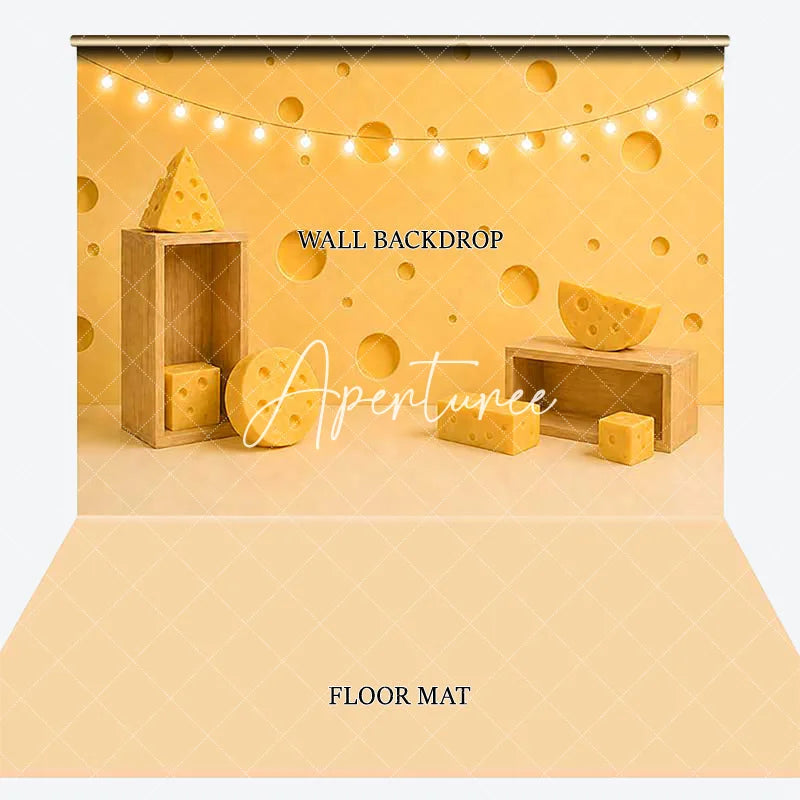 Aperturee - Aperturee Yellow Swiss Cheese and Wooden Crates Combo Set Backdrop Whimsical Kids Birthday Cake Smash Party Portrait Decor
