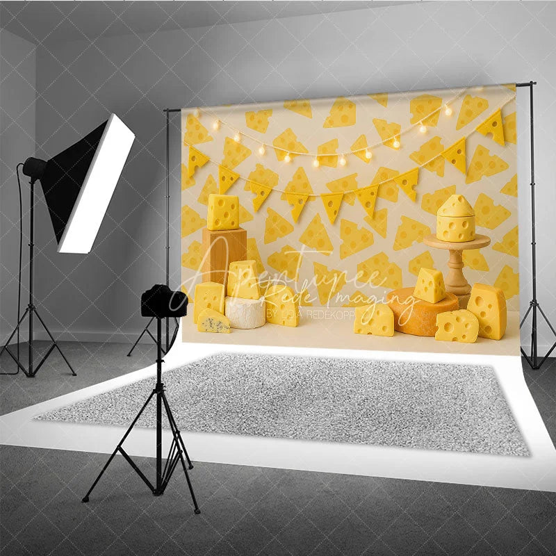 Aperturee - Aperturee Yellow Swiss Cheese Pattern Photo Backdrop Say Cheese Birthday Cake Smash Photography Background