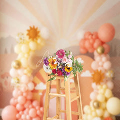 Aperturee - Aperturee You Are My Sunshine Backdrop Peach and Yellow Sun and Clouds Photography Background for First Birthday