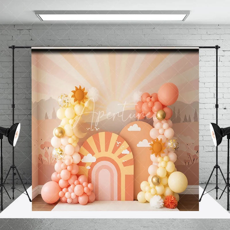 Aperturee - Aperturee You Are My Sunshine Backdrop Peach and Yellow Sun and Clouds Photography Background for First Birthday
