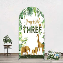 Aperturee - Aperturee Young Wild Three Arch Backdrop Safari Jungle Animals and Tropical Leaves Background 3rd Birthday Wild One Party Decor