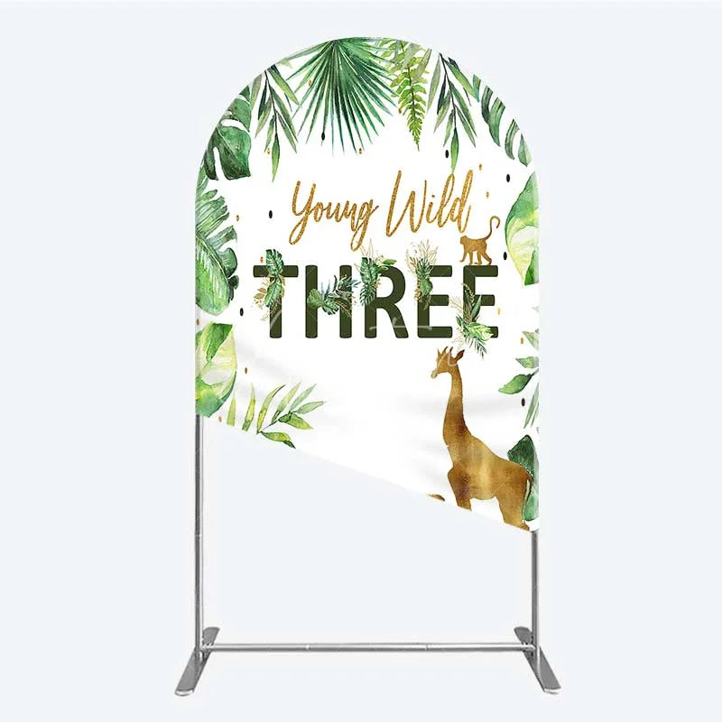 Aperturee - Aperturee Young Wild Three Arch Backdrop Safari Jungle Animals and Tropical Leaves Background 3rd Birthday Wild One Party Decor