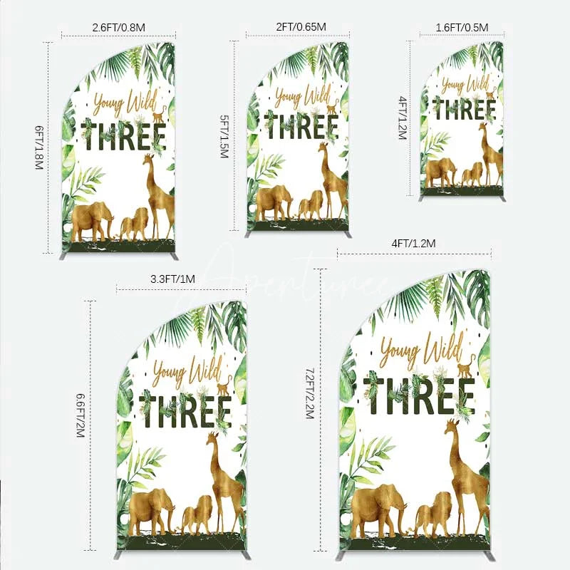 Aperturee - Aperturee Young Wild Three Half Moon Arch Backdrop Safari Jungle Animals and Tropical Leaves Background 3rd Birthday Wild