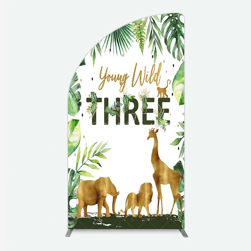 Aperturee - Aperturee Young Wild Three Half Moon Arch Backdrop Safari Jungle Animals and Tropical Leaves Background 3rd Birthday Wild